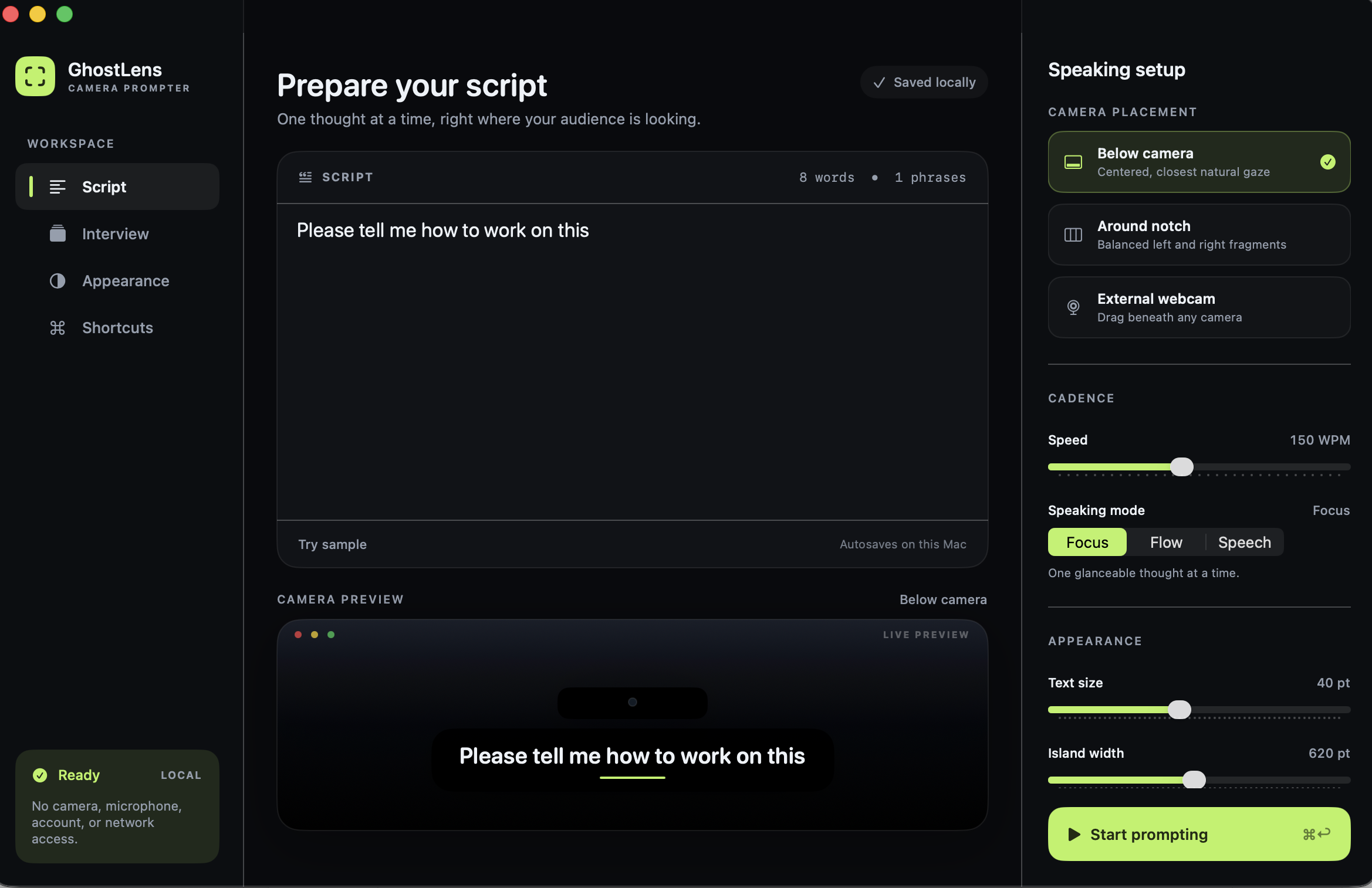 GhostLens native Mac app showing the script editor, camera preview, and speaking controls